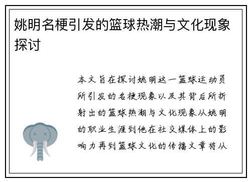 姚明名梗引发的篮球热潮与文化现象探讨